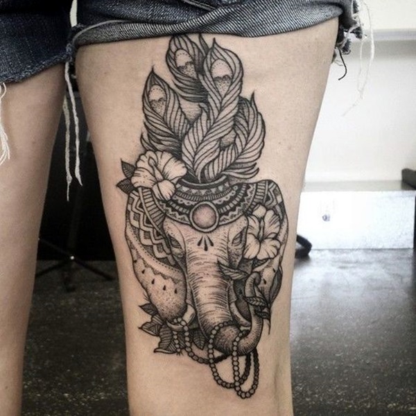 Amazing Black Ink Elephant Headdress Tattoo Design For Thigh