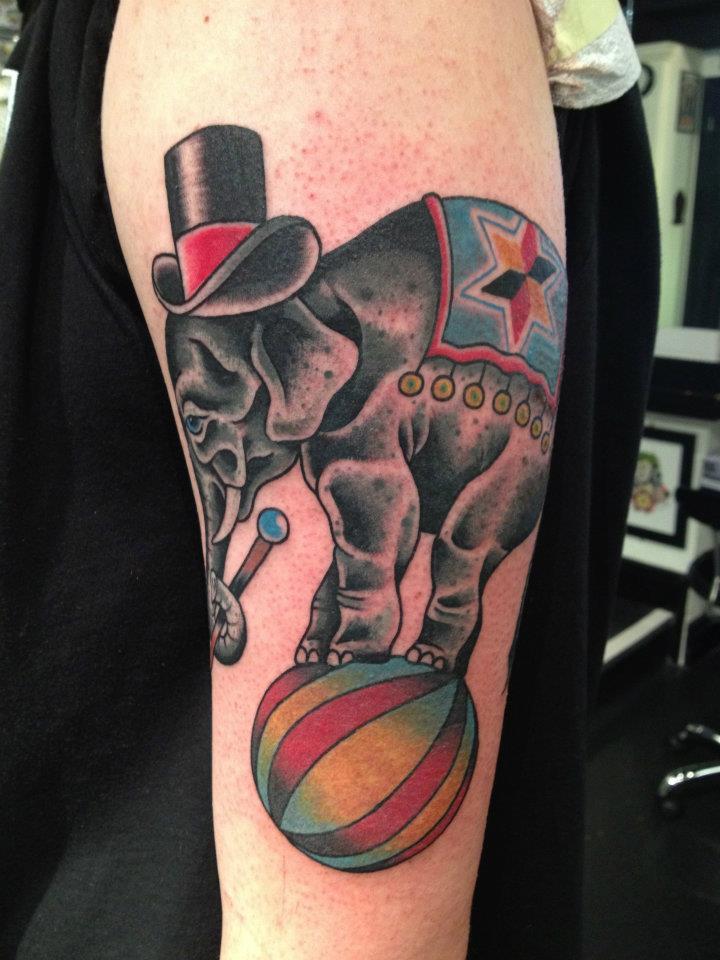 Amazing Colorful Circus Elephant Tattoo On Half Sleeve