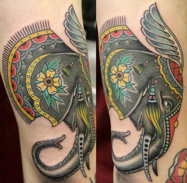 Amazing Colorful Traditional Elephant Head Tattoo Design By Phatt German