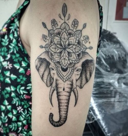 Amazing Dotwork Indian Elephant With Flower Tattoo On Girl Left Half Sleeve