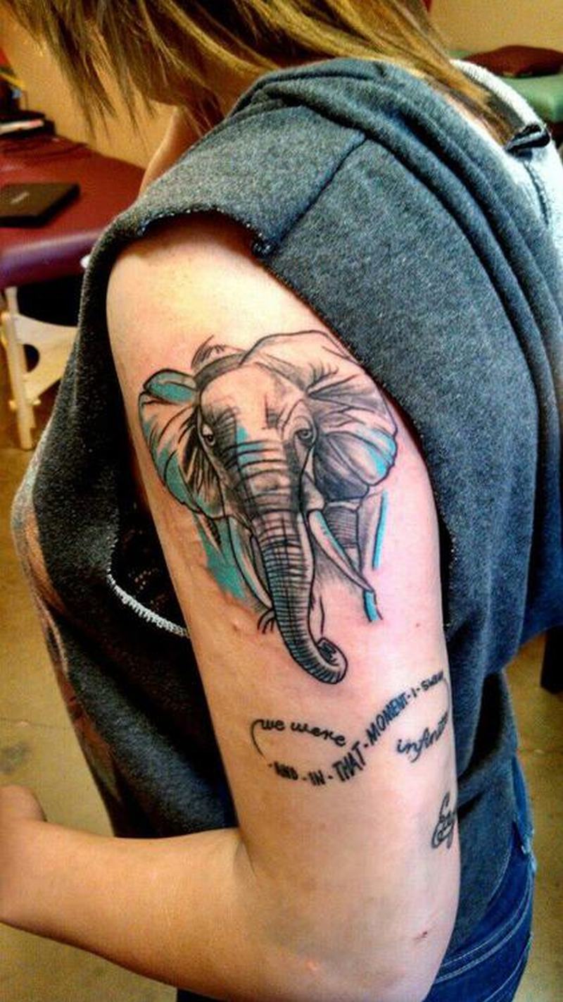 Amazing Elephant Head Tattoo On Girl Left Shoulder