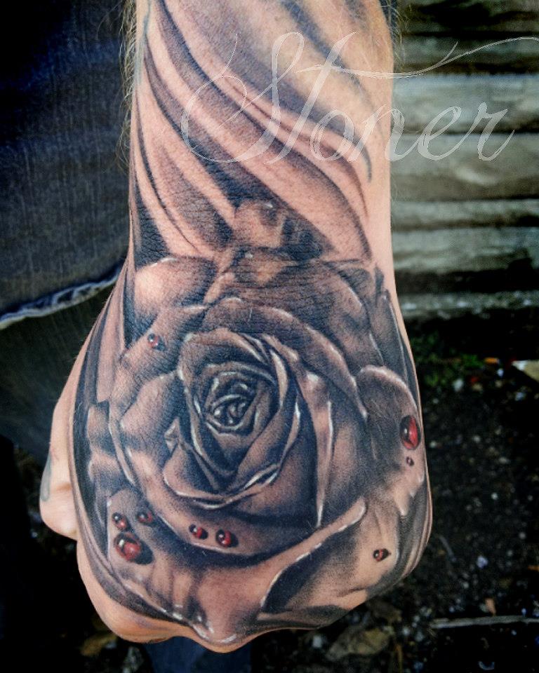 Amazing Grey Rose Tattoo On Left Hand