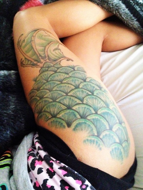 Amazing Mermaid Scale Tattoo On Girl Side Thigh