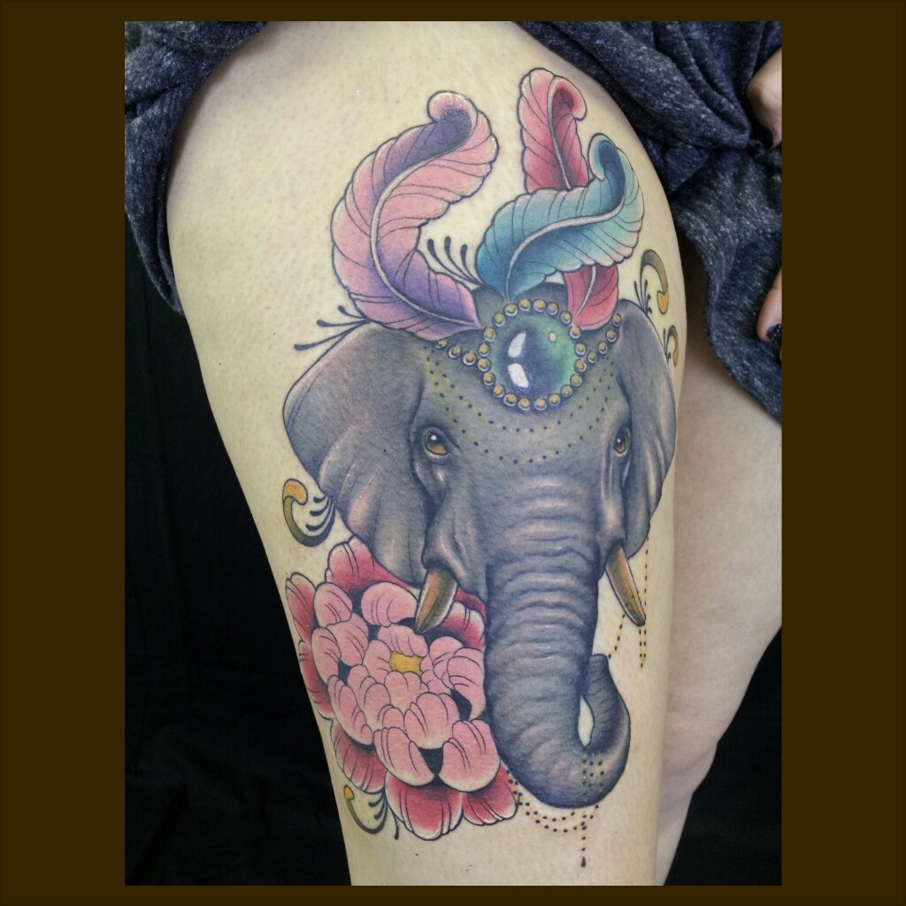Amazing Neo Elephant With Flowers Tattoo On Girl Right Thigh