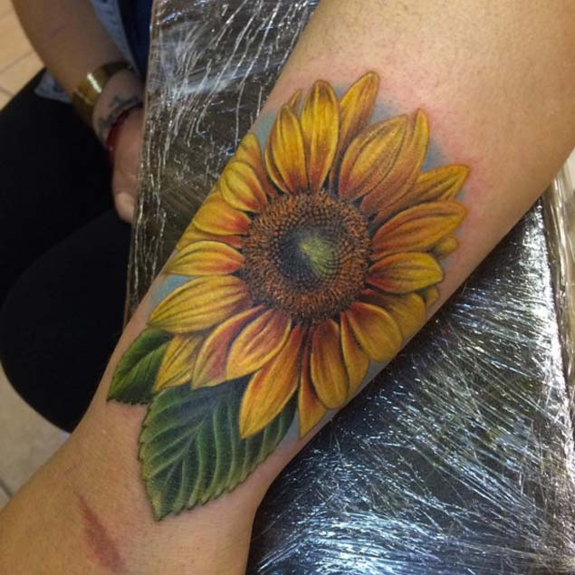 Amazing Realistic Sunflower Tattoo On Forearm For Girls
