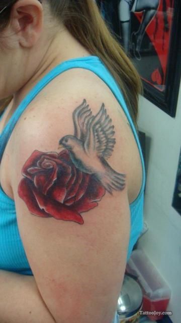 Amazing Red Rose With Flying Dove Tattoo On Left Shoulder