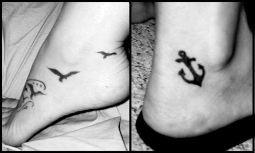 Anchor And Bird Ankle Tattoos