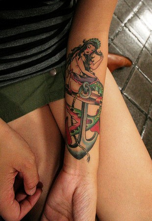Anchor Mermaid Tattoo On Left Forearm