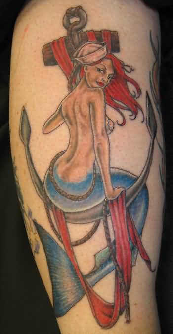 Anchor Mermaid Tattoo On Leg Sleeve