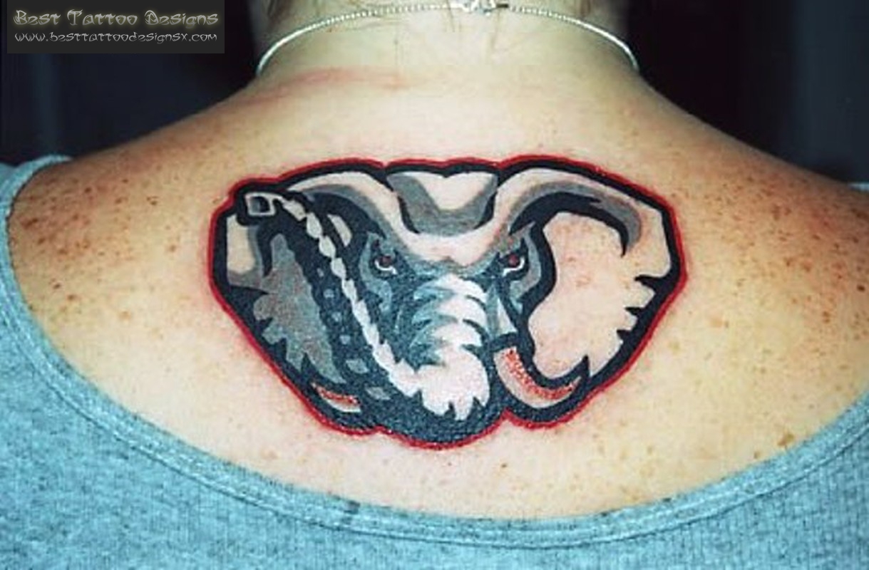 Angry Elephant Trunk Up Tattoo On Upper Back