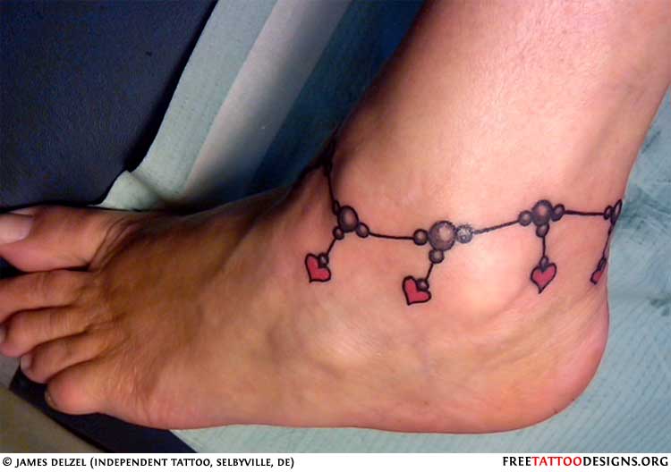 Ankle Bracelet Tattoo With Tiny Red Hearts