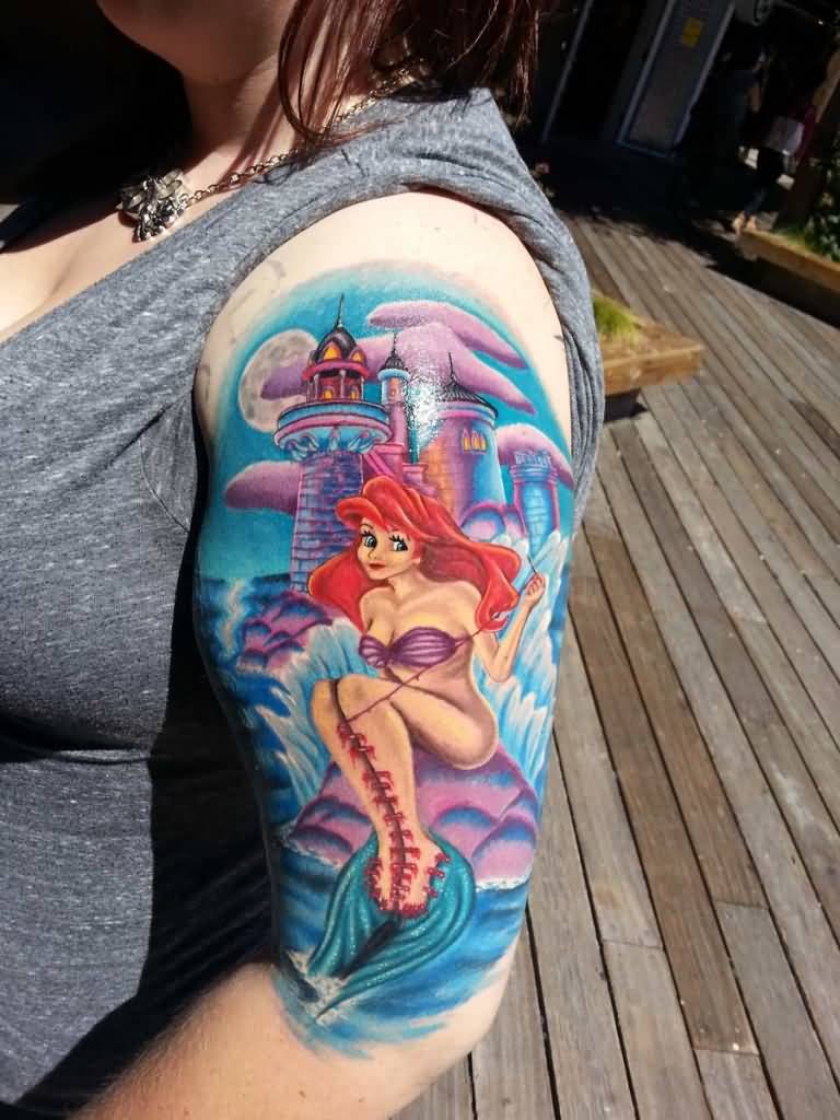 Ariel The Little Mermaid Tattoo On Left Half Sleeve