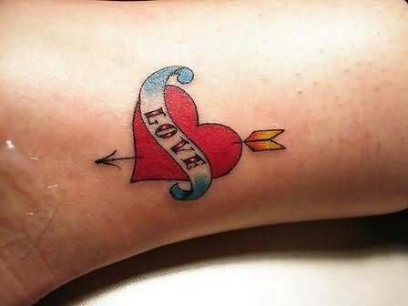 Arrow Pierced Heart With Love Banner Tattoo On Ankle
