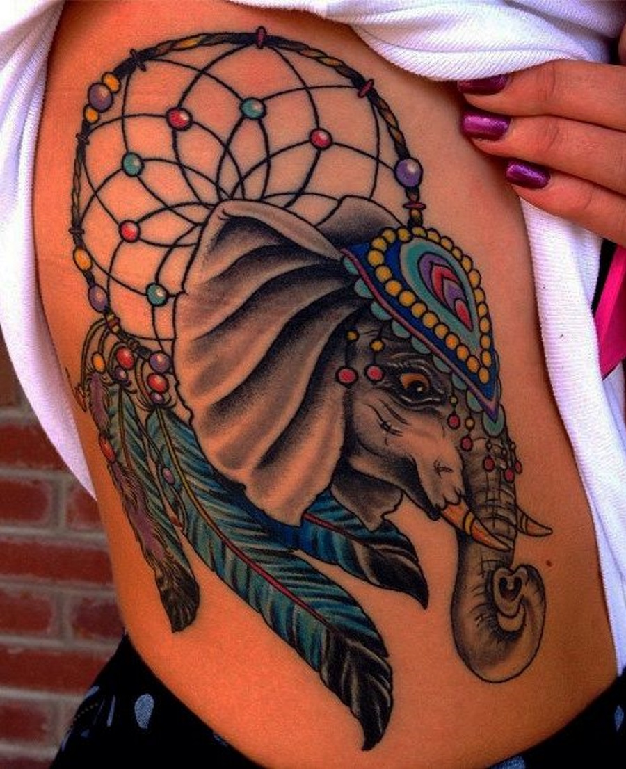 Asian Elephant Head With Dreamcatcher Tattoo On Right Side Rib