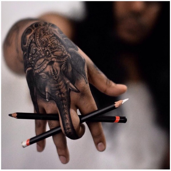 Attractive Black Ink Elephant Head Tattoo On Right Hand By Niki Norberg