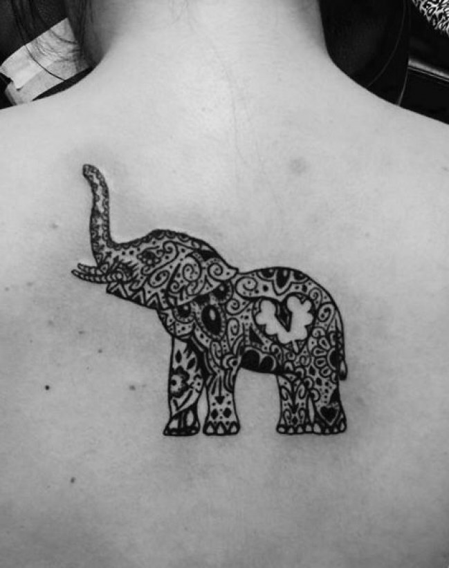 Attractive Black Mandala Elephant Tattoo On Upper Back By Bridgette Jons