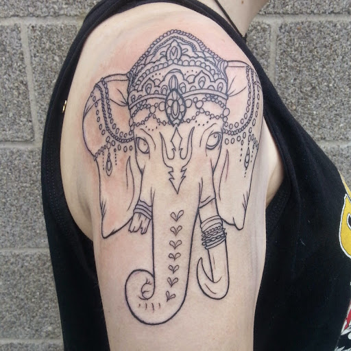 Attractive Black Outline Crown On Elephant Head Tattoo On Right Half Sleeve