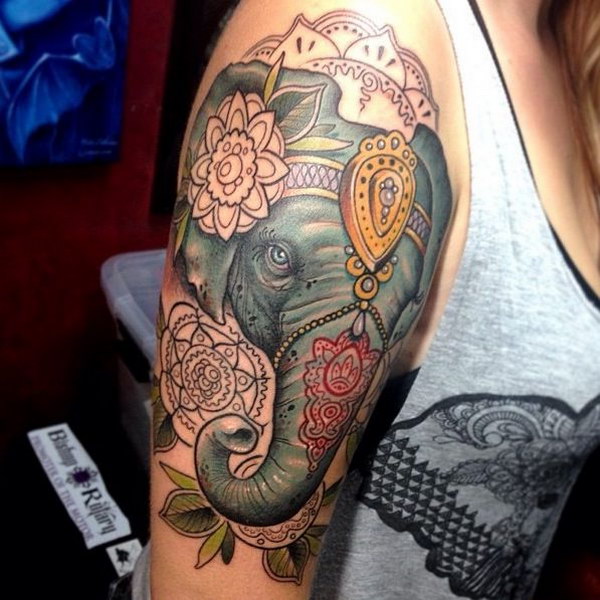 Attractive Colorful Elephant Head Tattoo On Girl Right Half Sleeve