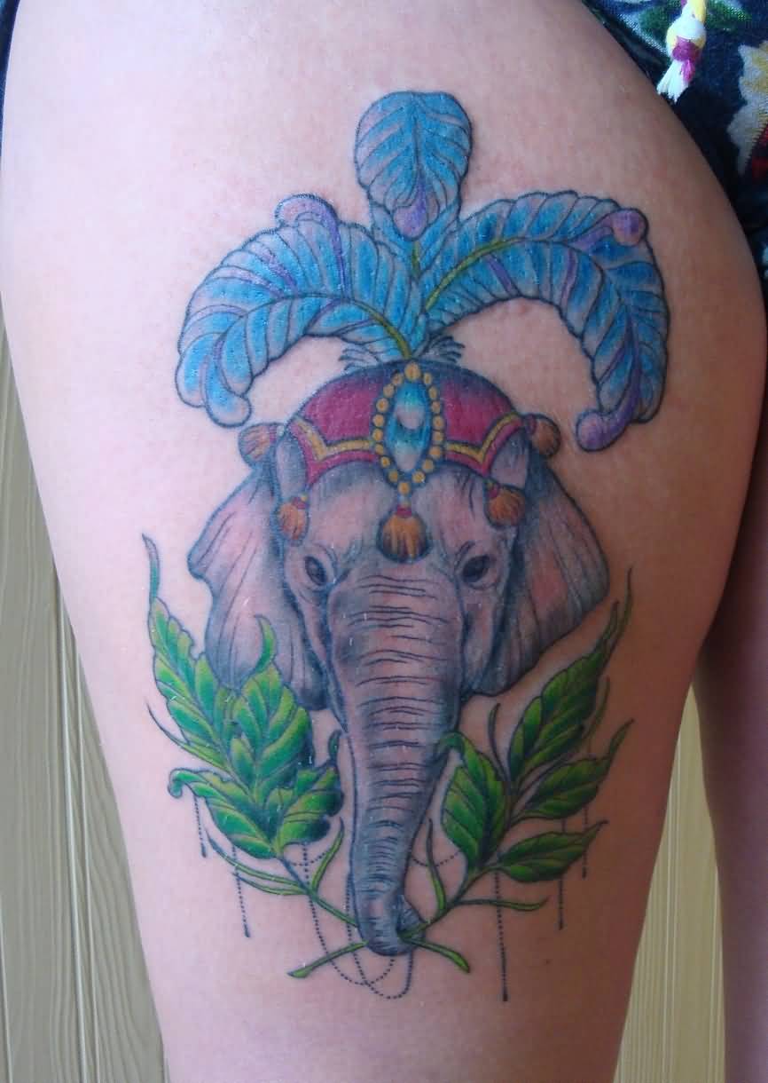 Attractive Colorful Elephant Headdress Tattoo On Right Thigh