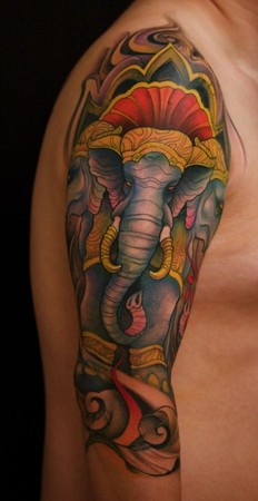 Attractive Colorful Elephant Tattoo On Right Half Sleeve