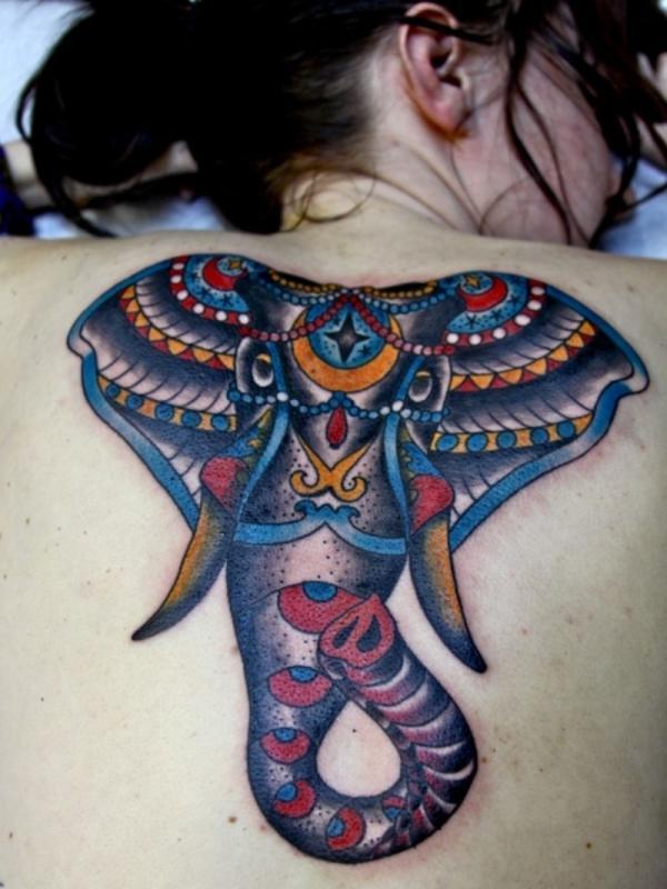 Attractive Colorful Traditional Elephant Head Tattoo On Girl Upper Back