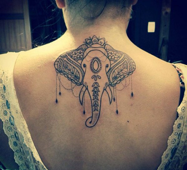 Attractive Elephant Head Tattoo On Girl Upper Back