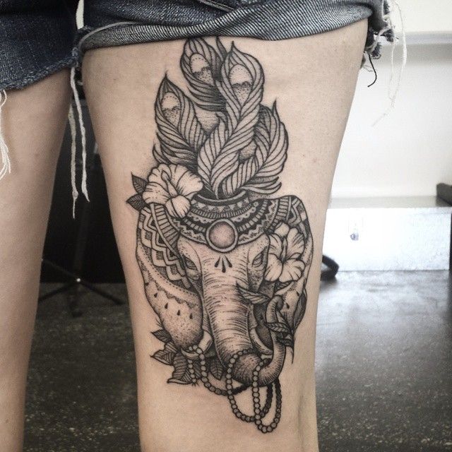 Attractive Indian Elephant Head Tattoo On Thigh
