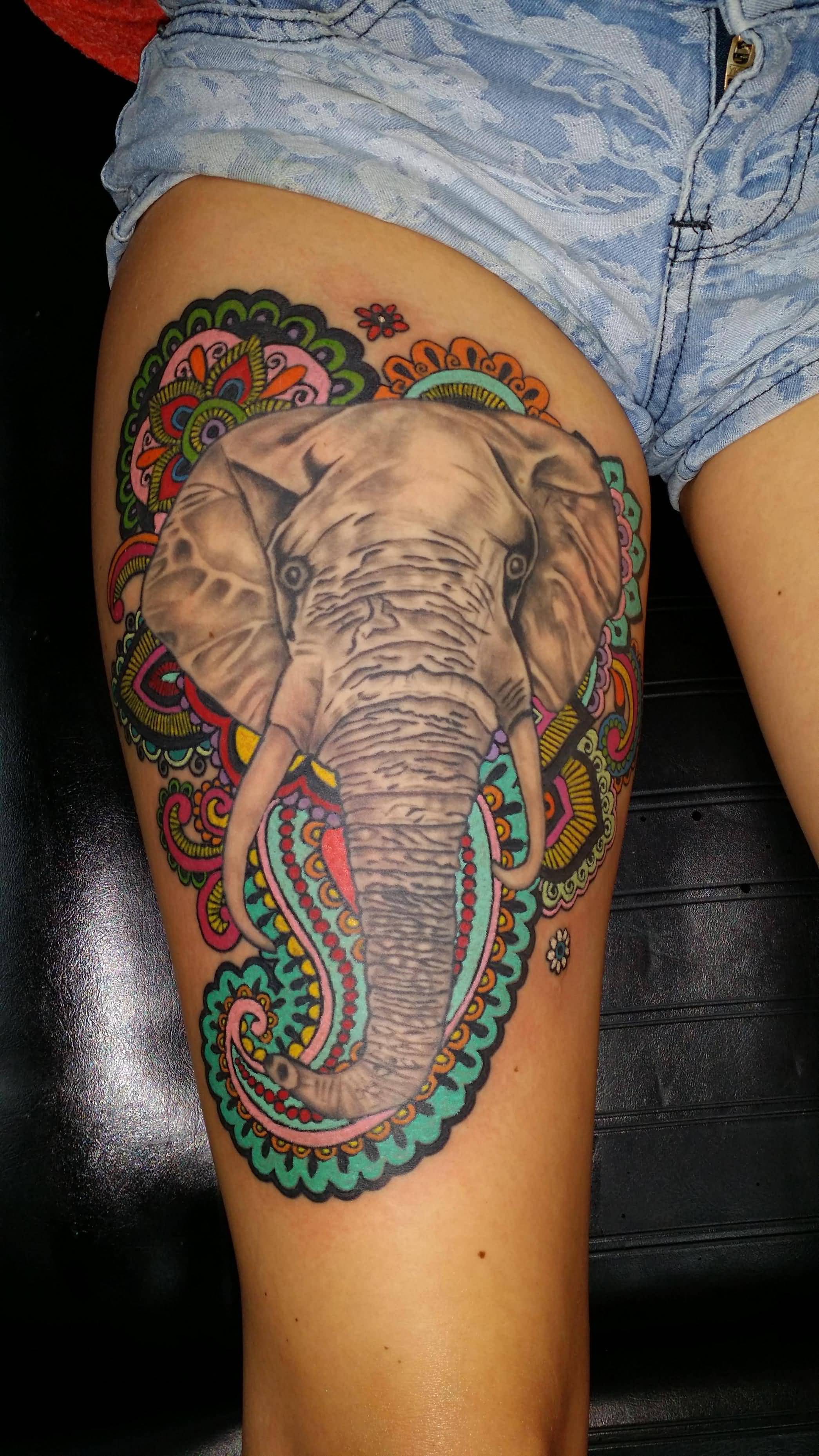 Attractive Japanese Elephant Head Tattoo On Right Thigh By Chap