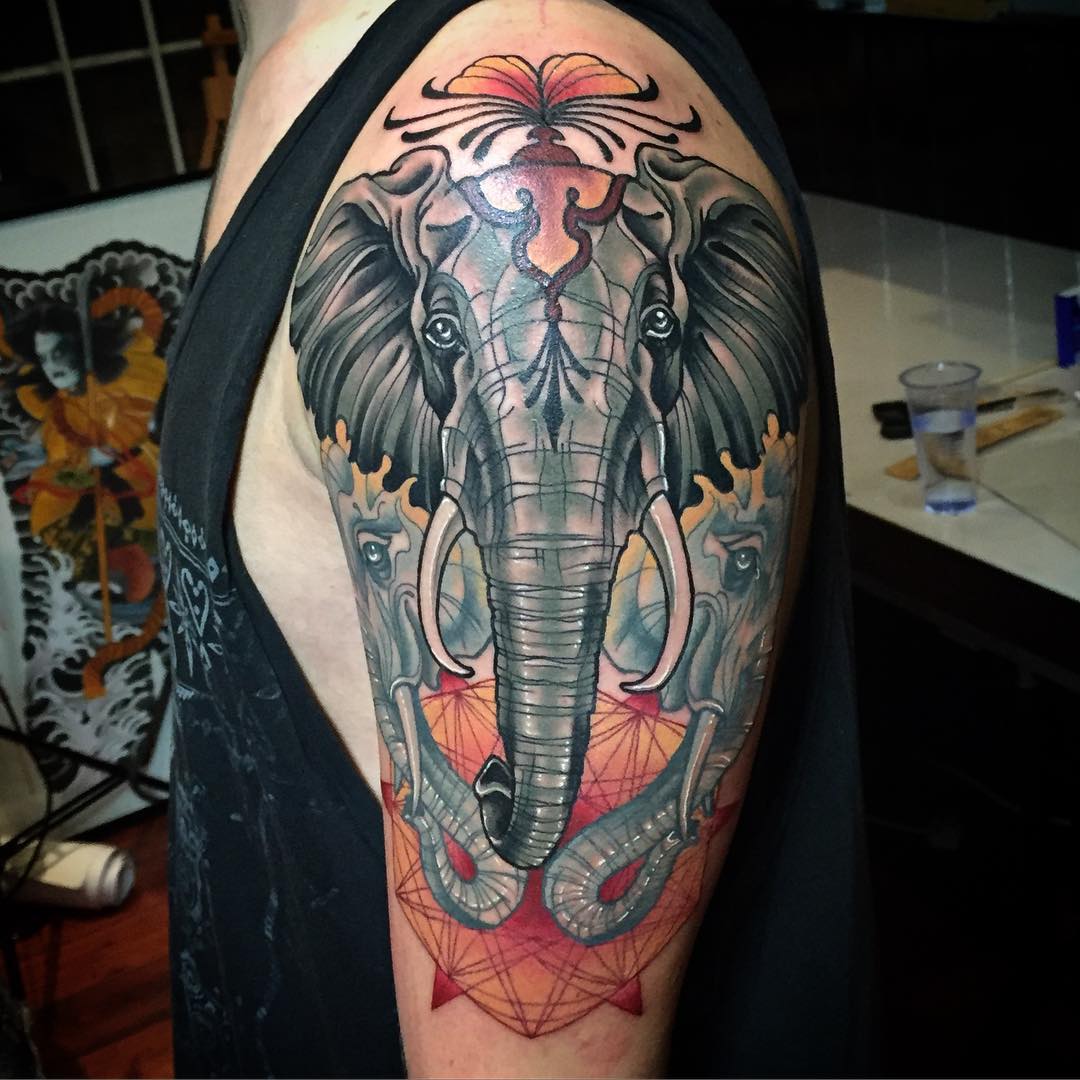 Attractive Neo Elephant Head Tattoo On Man Left Half Sleeve