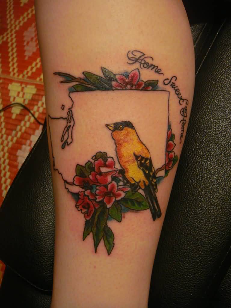 Attractive Rhododendron Flowers With Bird Tattoo On Forearm By Sarah Sandoval