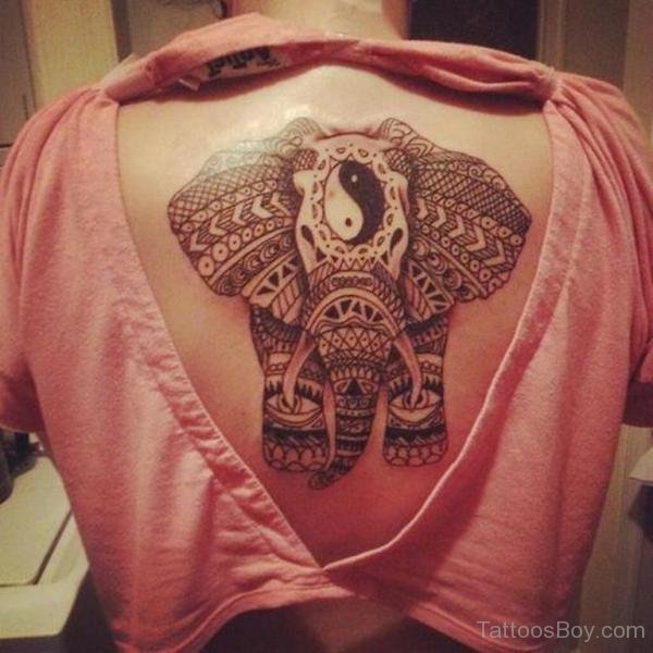 Attractive Yin Yang On Chinese Elephant Head Tattoo On Upper Back