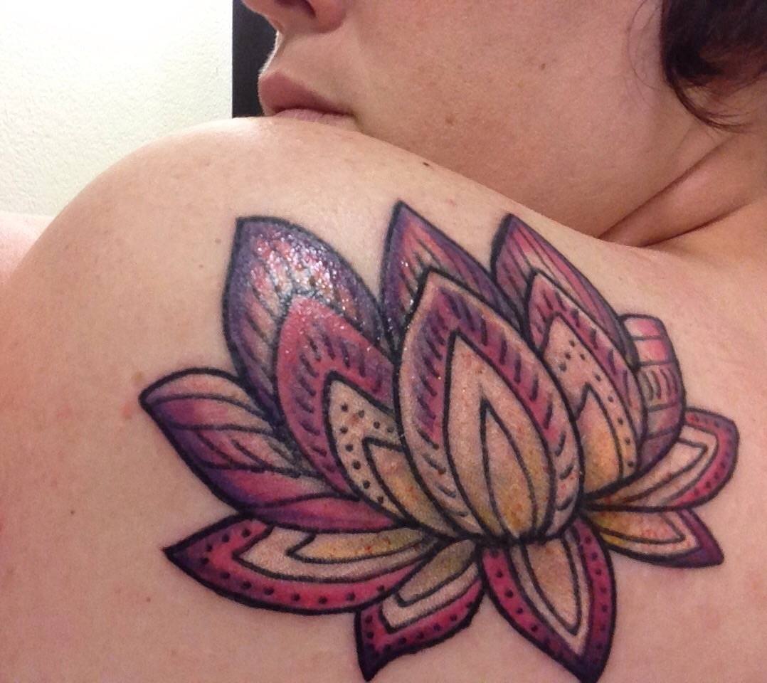 Attractive Zen Lotus Tattoo On Girl Left Back Shoulder