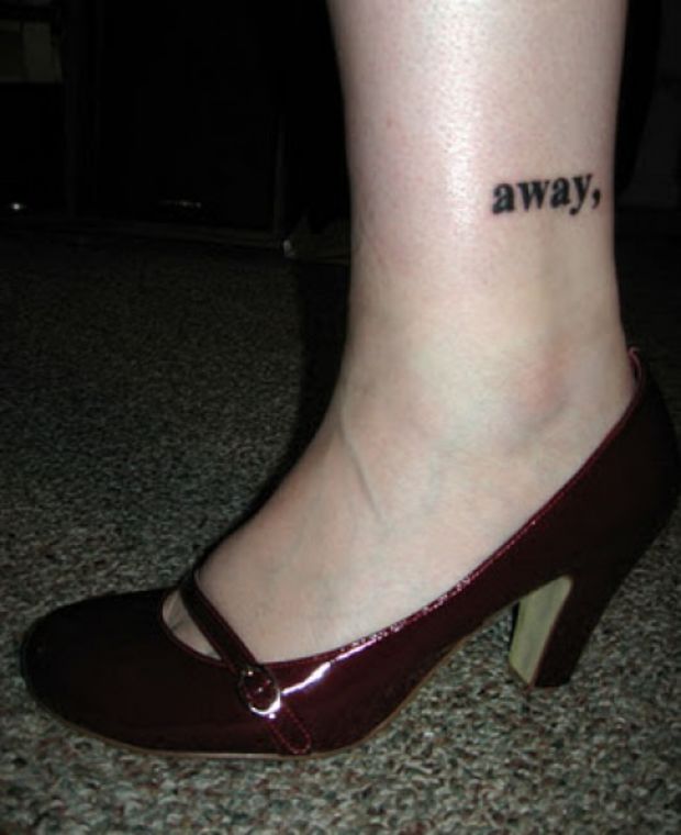 Away Word Tattoo On Woman Ankle