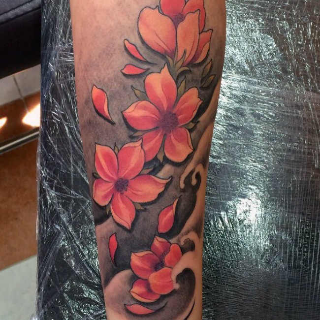 Awesome Cherry Blossom Tattoo On Arm Sleeve