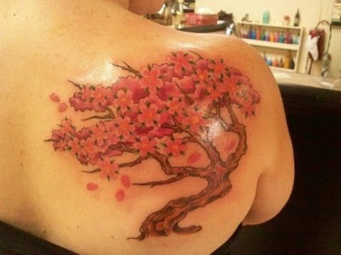 Awesome Cherry Blossom Tattoo On Right Back Shoulder