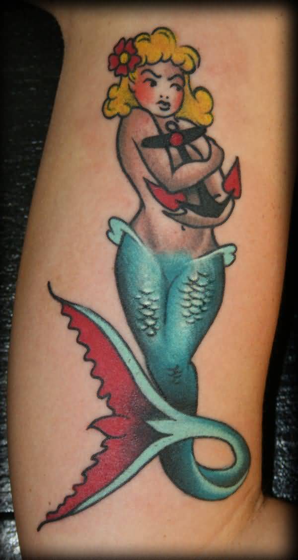 Awesome Color Anchor Mermaid Tattoo