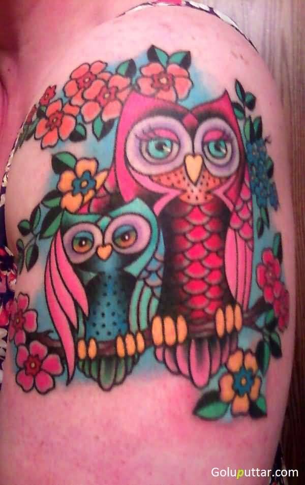 Awesome Color Flowers And Owl Family Tattoo On Left Shoulder