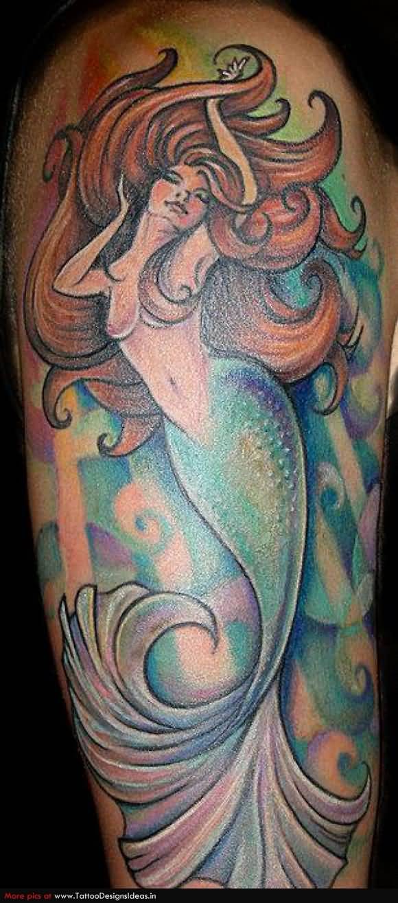 Awesome Color Ink Mermaid Tattoo On Right Half Sleeve