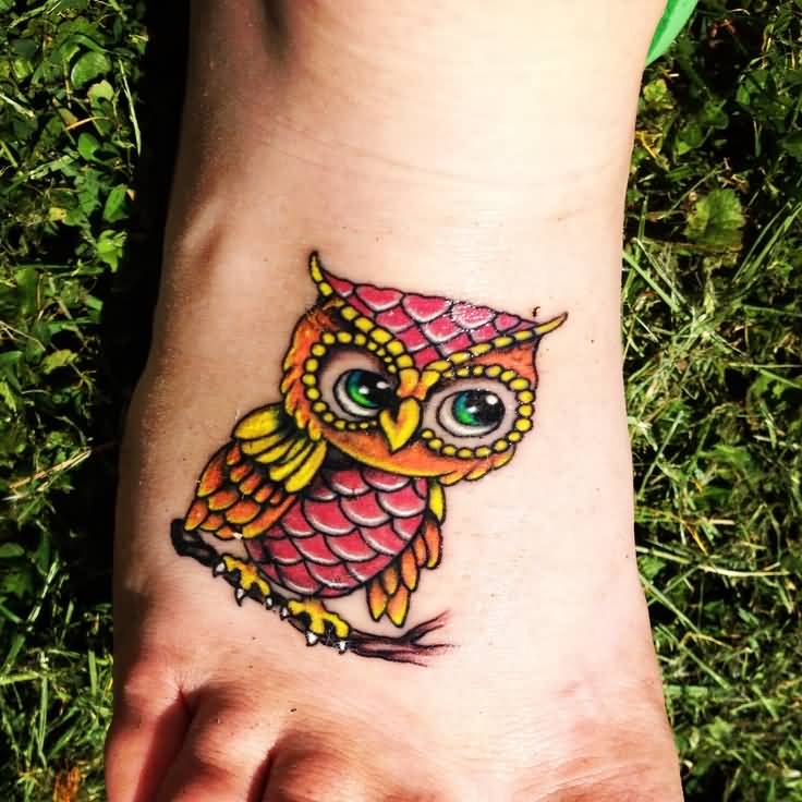 Awesome Colored Baby Owl Tattoo On Right Foot