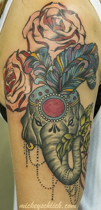 Awesome Colorful Traditional Elephant With Roses Tattoo On Half Sleeve