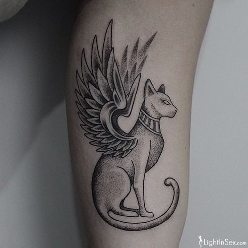 Awesome Dotwork Egyptian Goddess Cat Tattoo