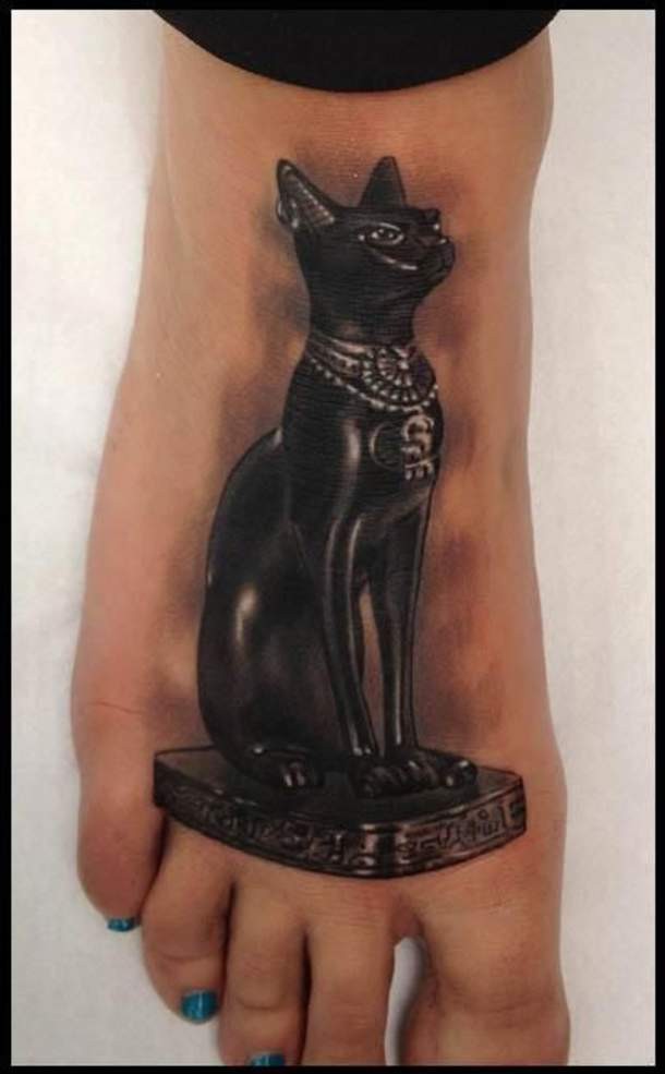 Awesome Egyptian Black Cat Tattoo On Foot