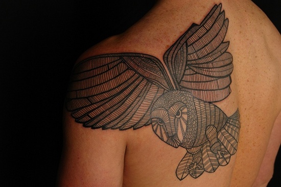 Awesome Flying Owl Tattoo On Left Back Shoulder