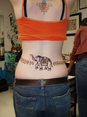 Awesome Henna Elephant Tattoo On Girl Lower Back