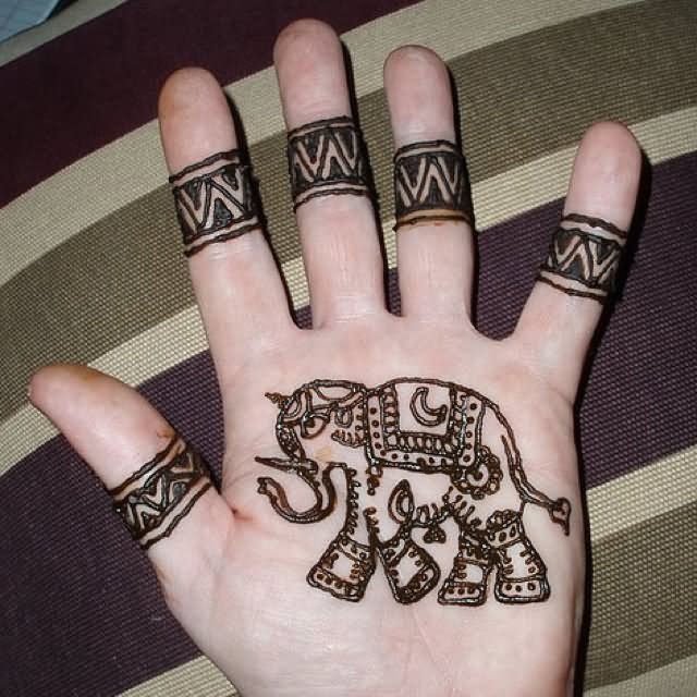 Awesome Henna Elephant Tattoo On Left Hand Palm