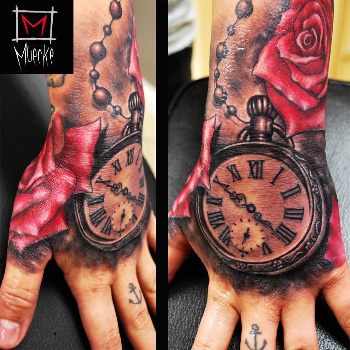 Awesome Red Rose And Clock Tattoo On Left Hand