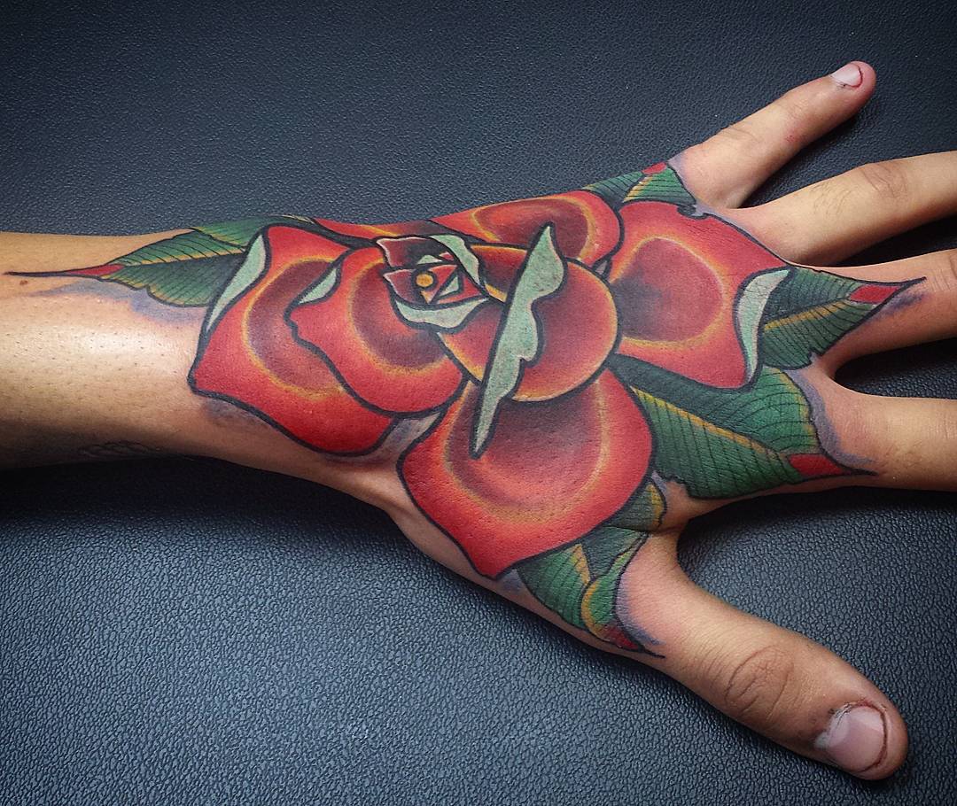 Awesome Red Rose Hand Tattoo For Women