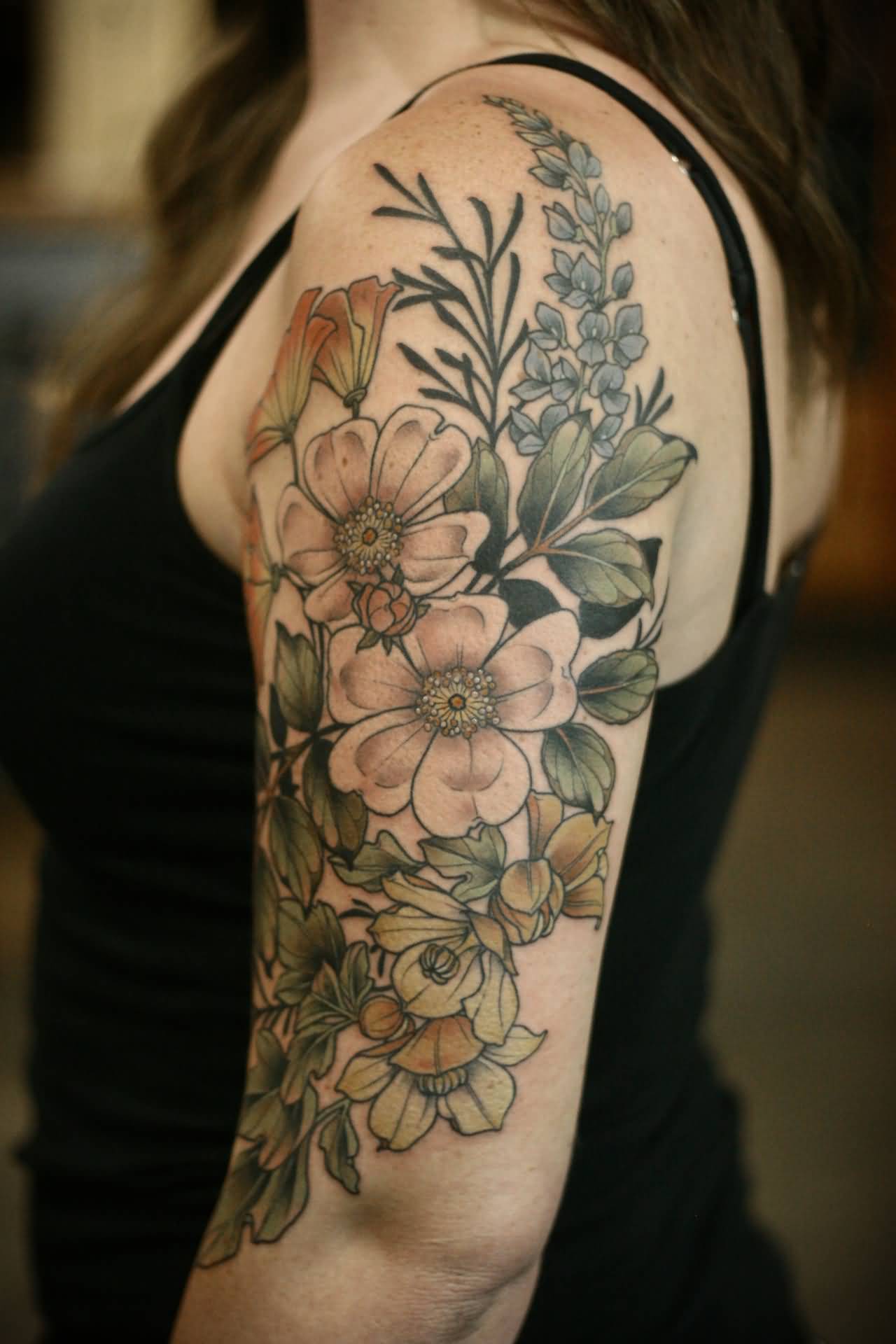 Awesome Rhododendron Flowers Tattoo On Girl Left Half Sleeve