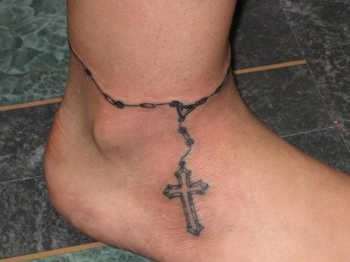 Awesome Rosary Cross Ankle Bracelet Tattoo Idea