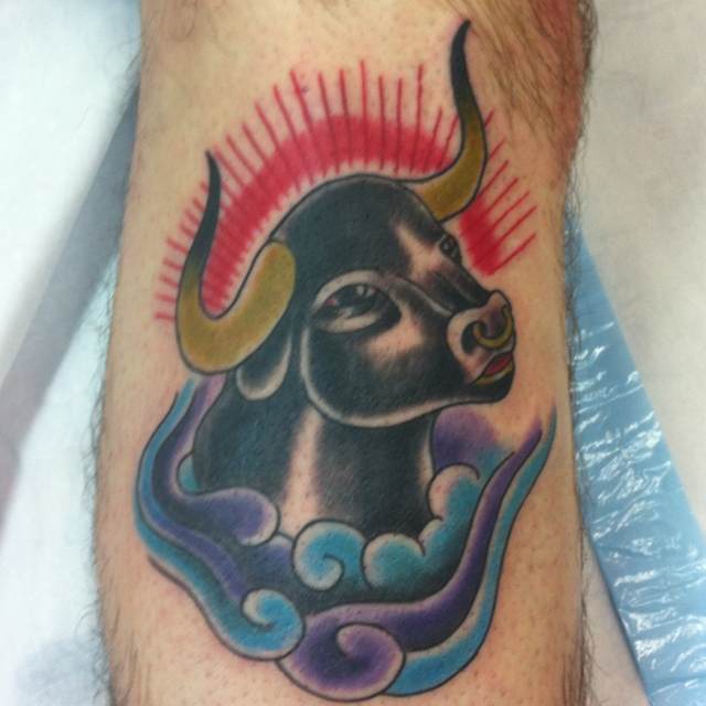 Awesome Traditional Bull Tattoo On Leg